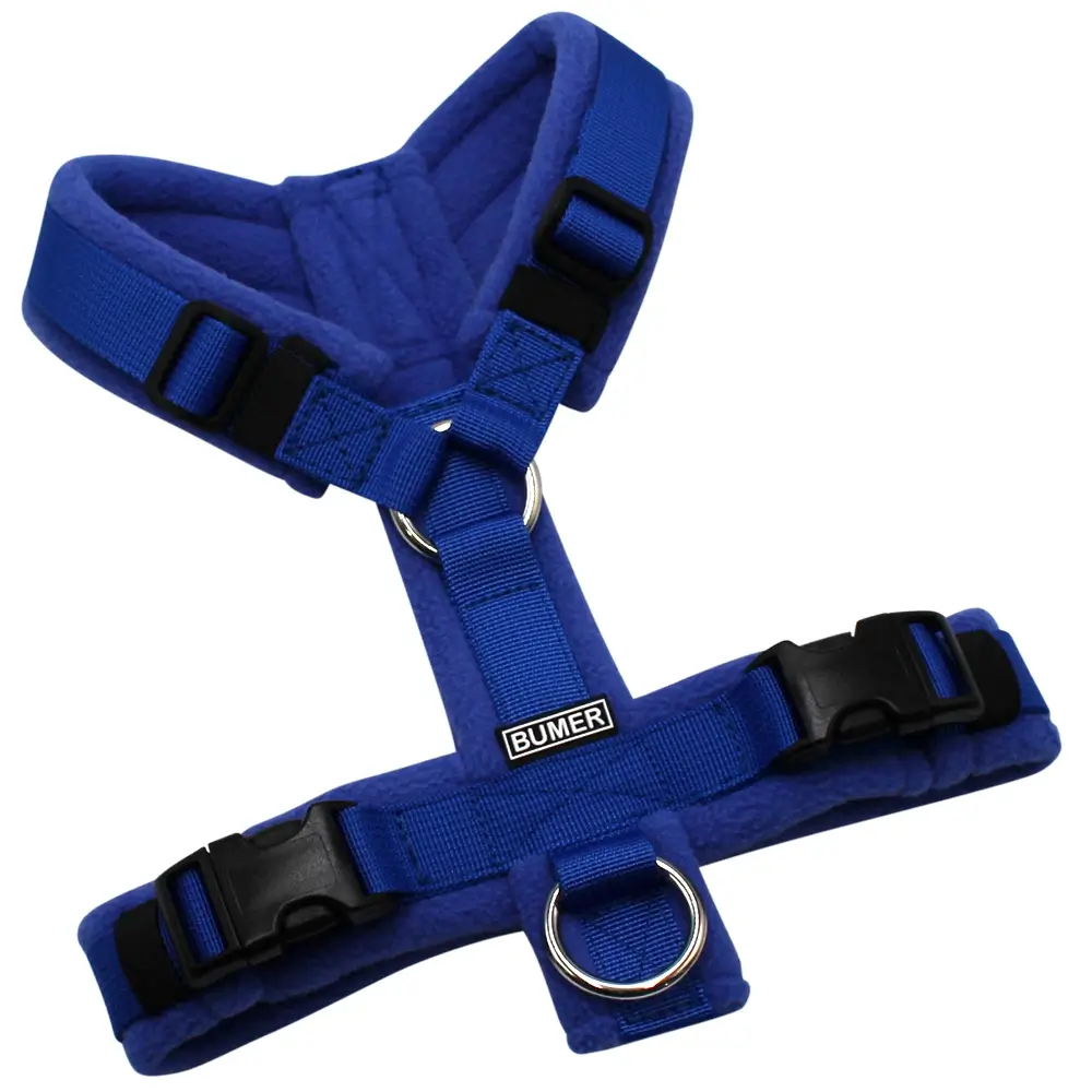 BUMER Hundegeschirr, gepolstert, Größe XS, Gurtband PREMIUM Royal Saphire, Fleece Azur Twilight, Ringe silberfarbig (Edelstahl), Schnallen schwarz (DURAFLEX®)