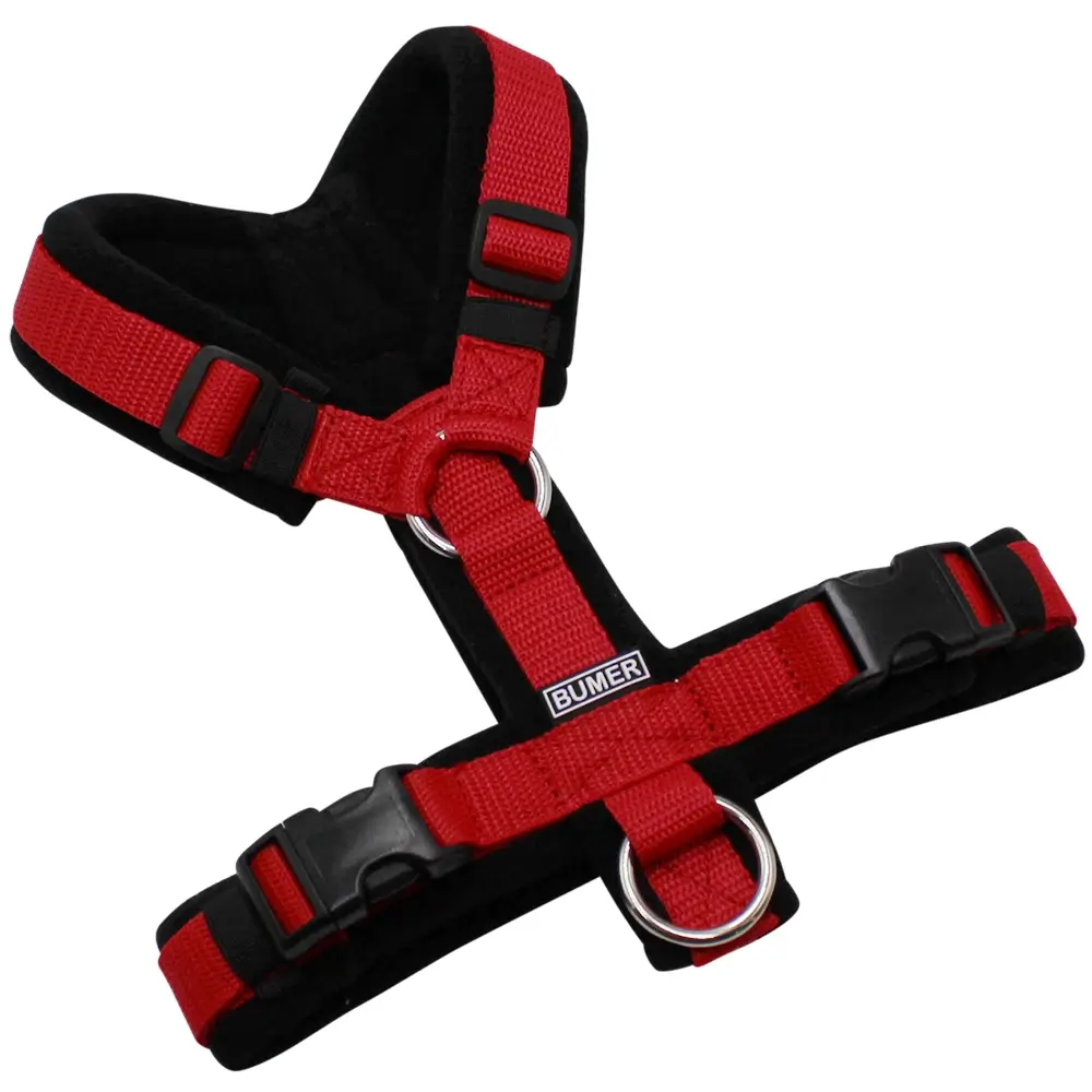 BUMER Hundegeschirr, gepolstert, Größe XS, Gurtband Rot, Fleece schwarz, Ringe silberfarbig (Edelstahl), Schnallen schwarz (DURAFLEX®)