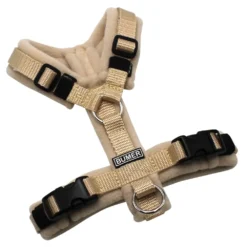 BUMER Hundegeschirr, gepolstert, Größe XXS, Gurtband Beige (Standard PLUS), Fleece Pale Cashmere, Ringe silberfarbig (Edelstahl), Schnallen schwarz (DURAFLEX®)