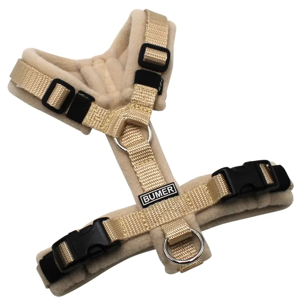 BUMER Hundegeschirr, gepolstert, Größe XXS, Gurtband Beige (Standard PLUS), Fleece Pale Cashmere, Ringe silberfarbig (Edelstahl), Schnallen schwarz (DURAFLEX®)