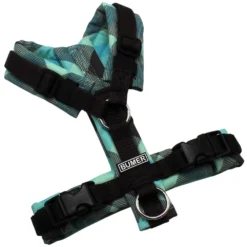BUMER Hundegeschirr, gepolstert, Größe XXS, Gurtband Dunkelbraun, Softshell Blue Lagoon, Ringe silberfarbig (Edelstahl), Schnallen schwarz (DURAFLEX®)