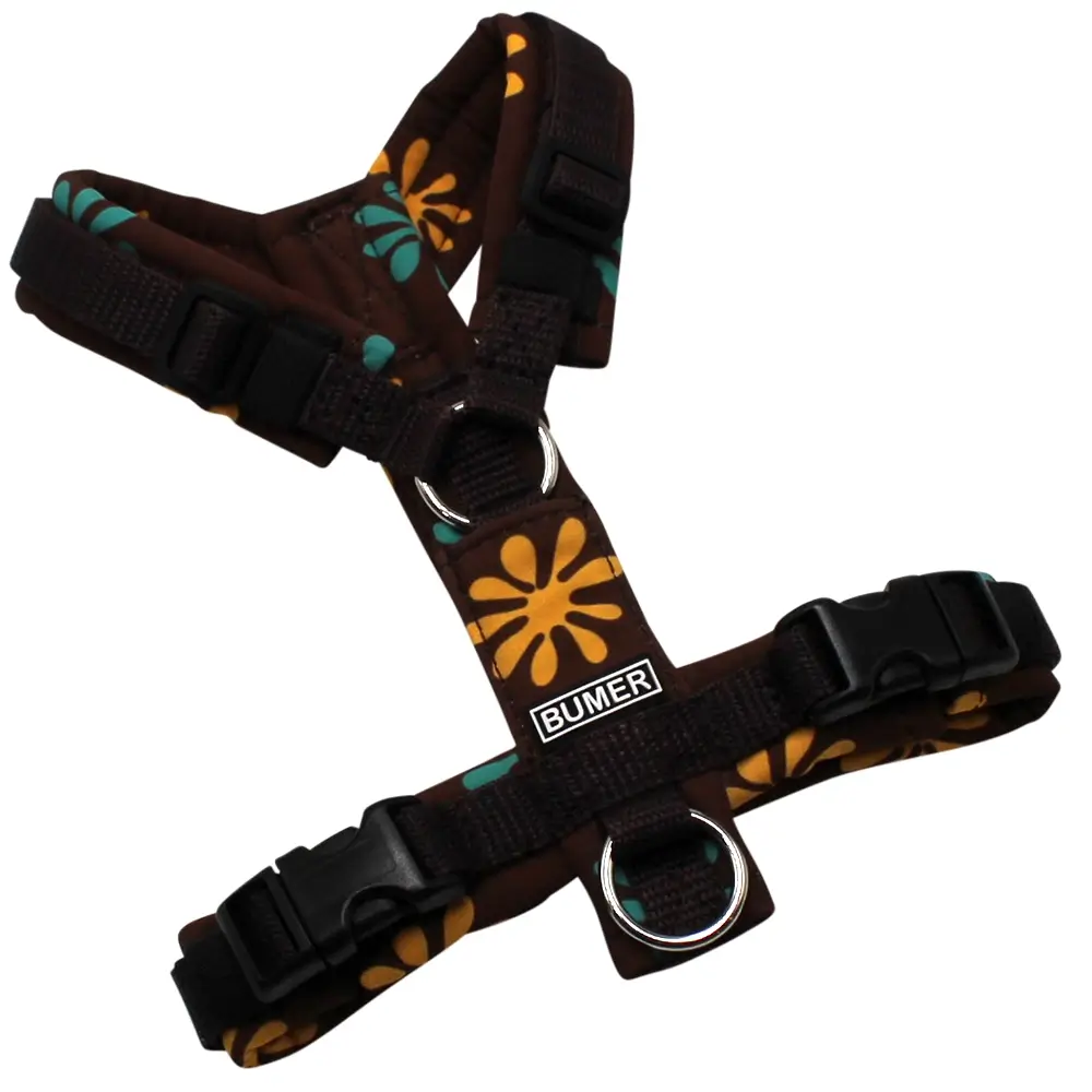 BUMER Hundegeschirr, gepolstert, Größe XXS, Gurtband Dunkelbraun, Softshell RETRO 70 #4, Ringe silberfarbig (Edelstahl), Schnallen schwarz (DURAFLEX®), Applikation