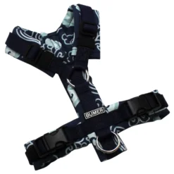 BUMER Hundegeschirr, gepolstert, Größe XXS, Gurtband Dunkelnavy, Softshell Luftwirbel, Ringe silberfarbig (Edelstahl), Schnallen schwarz (DURAFLEX®)