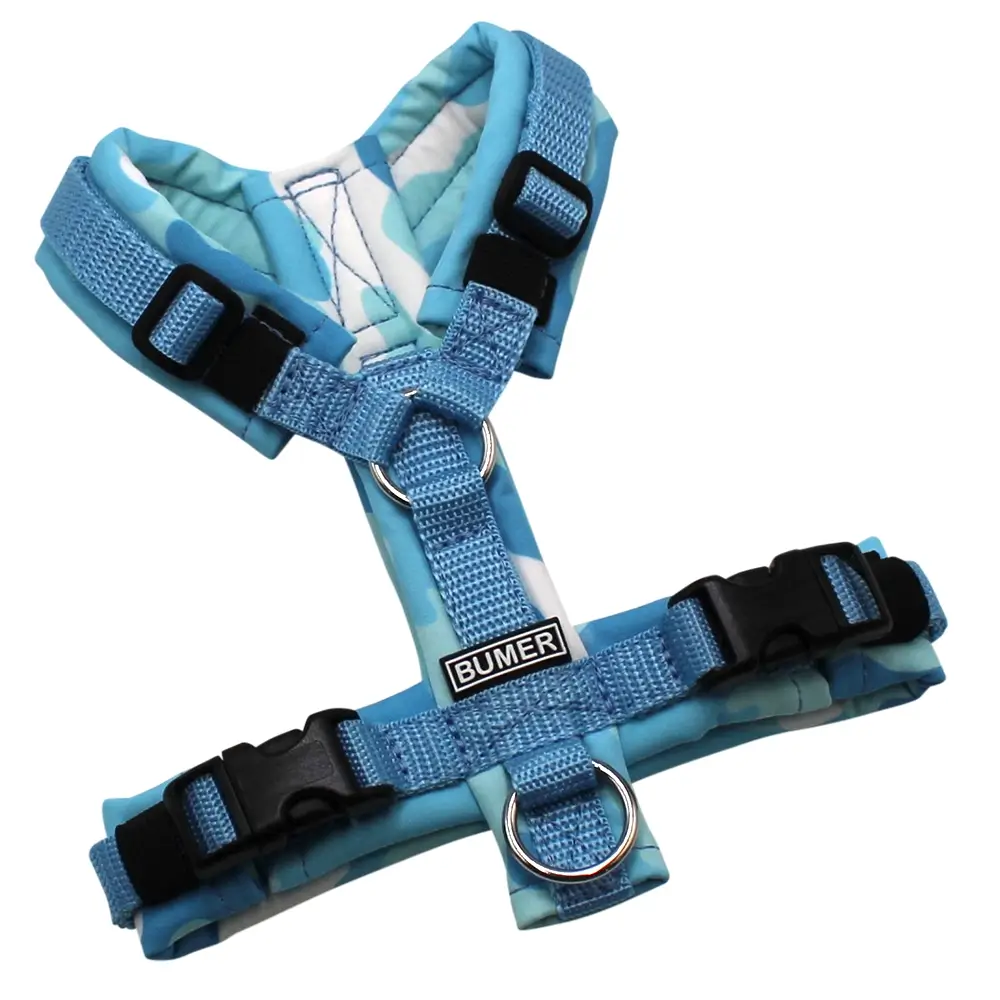 BUMER Hundegeschirr, gepolstert, Größe XXS, Gurtband Eisblau, Softshell Aquaflage, Ringe silberfarbig (Edelstahl), Schnallen schwarz (DURAFLEX®)