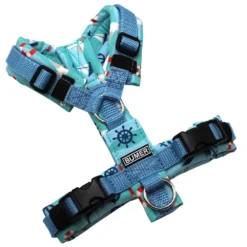 BUMER Hundegeschirr, gepolstert, Größe XXS, Gurtband Eisblau, Softshell Maritim #1, Ringe silberfarbig (Edelstahl), Schnallen schwarz (DURAFLEX®), Applikation