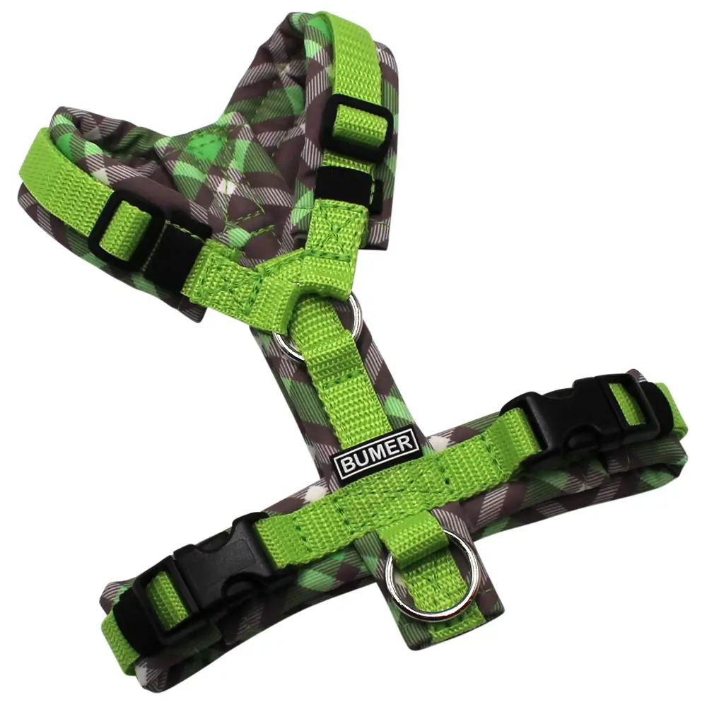 BUMER Hundegeschirr, gepolstert, Größe XXS, Gurtband Hell Lime, Softshell Forest Fable, Ringe silberfarbig (Edelstahl), Schnallen schwarz (DURAFLEX®)