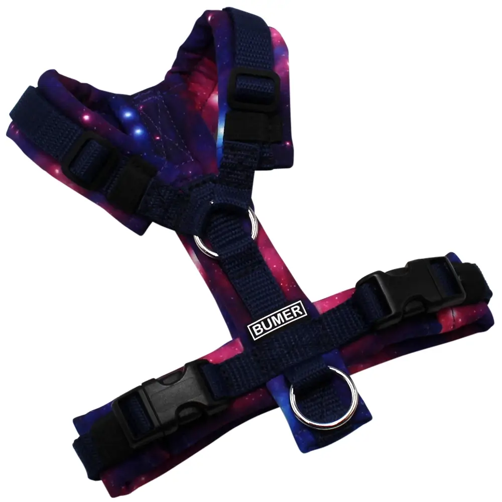 BUMER Hundegeschirr, gepolstert, Größe XXS, Gurtband Navy, Softshell Galaxy, Ringe silberfarbig (Edelstahl), Schnallen schwarz (DURAFLEX®)