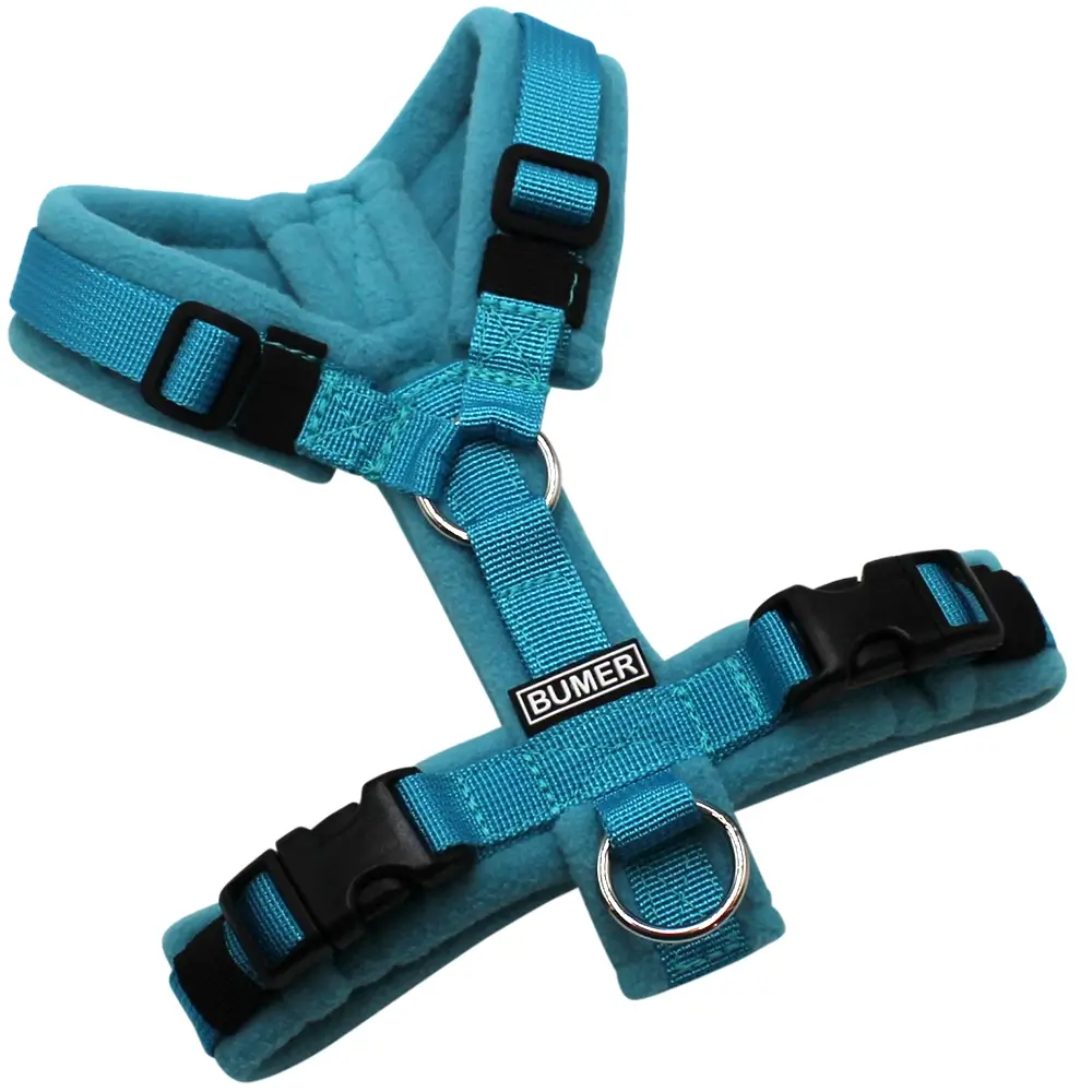 BUMER Hundegeschirr, gepolstert, Größe XXS, Gurtband PREMIUM Blue Lagoon, Fleece Grey Blue Wave, Ringe silberfarbig (Edelstahl), Schnallen schwarz (DURAFLEX®)