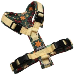 BUMER Hundegeschirr, gepolstert, Größe XXS, Gurtband PREMIUM Buttercreme, Softshell Weihnachten #14, Ringe silberfarbig (Edelstahl), Schnallen schwarz (DURAFLEX®), Applikation