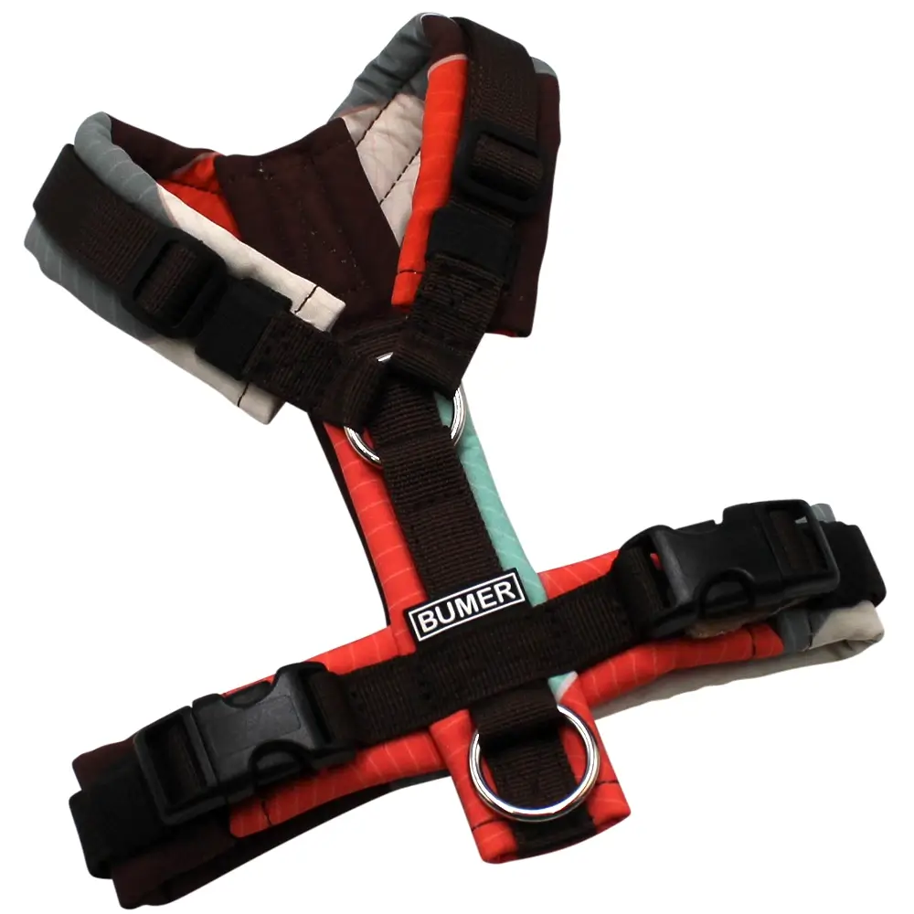 BUMER Hundegeschirr, gepolstert, Größe XXS, Gurtband PREMIUM Cocoa Bean, Softshell Aquaformen, Ringe silberfarbig (Edelstahl), Schnallen schwarz (DURAFLEX®)