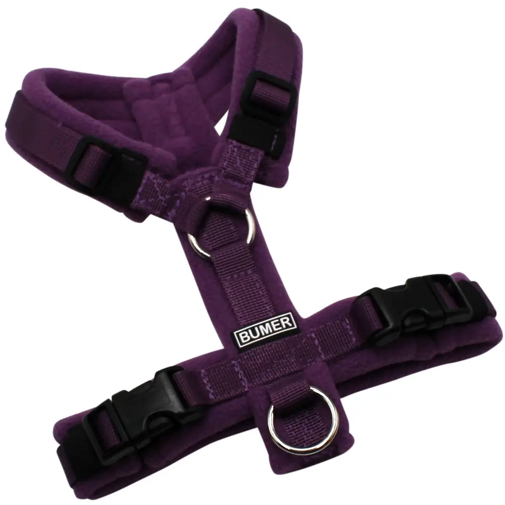 BUMER Hundegeschirr, gepolstert, Größe XXS, Gurtband PREMIUM Lavender Luxe, Fleece Obsidian Orchid, Ringe silberfarbig (Edelstahl), Schnallen schwarz (DURAFLEX®)