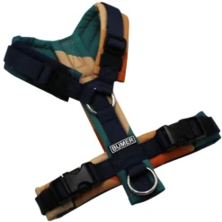 BUMER Hundegeschirr, gepolstert, Größe XXS, Gurtband PREMIUM Midnight Indigo, Softshell RETRO 70 #1, Ringe silberfarbig (Edelstahl), Schnallen schwarz (DURAFLEX®)