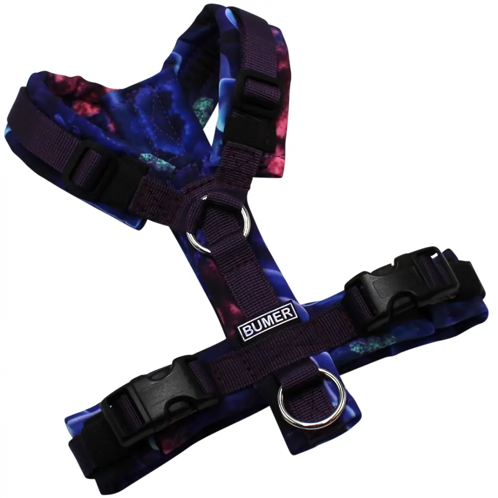 BUMER Hundegeschirr, gepolstert, Größe XXS, Gurtband PREMIUM Midnight Plum, Softshell Neon Seascape, Ringe silberfarbig (Edelstahl), Schnallen schwarz (DURAFLEX®), Applikation