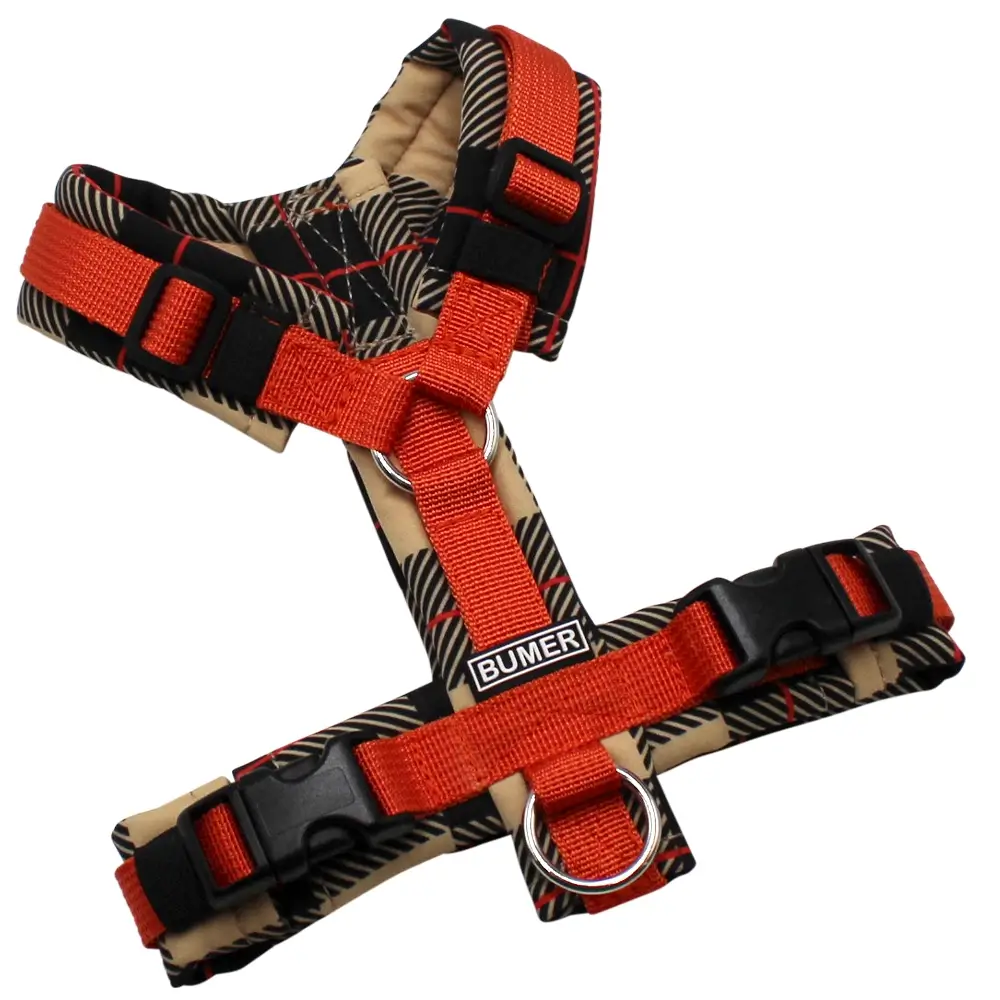 BUMER Hundegeschirr, gepolstert, Größe XXS, Gurtband PREMIUM Scarlett Essence, Softshell Espresso Ember, Ringe silberfarbig (Edelstahl), Schnallen schwarz (DURAFLEX®)