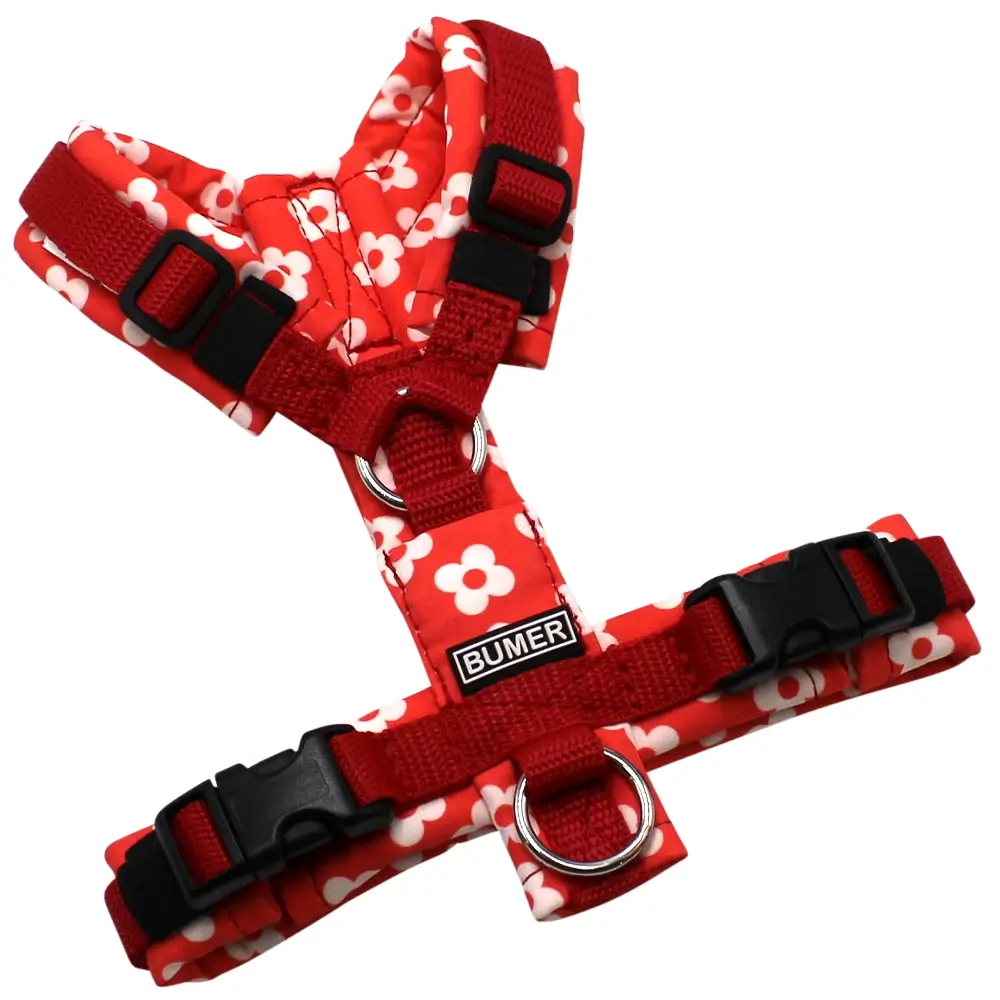 BUMER Hundegeschirr, gepolstert, Größe XXS, Gurtband Rot, Softshell Retro 60 #3, Ringe silberfarbig (Edelstahl), Schnallen schwarz (DURAFLEX®), Applikation