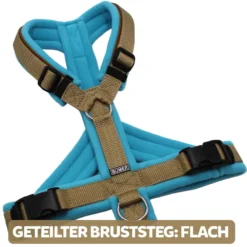 BUMER Hundegeschirr, gepolstert, Größe XXS / XS, Gurtband Hellsand, Fleece Clearwater Blue, Ringe silberfarbig (Edelstahl), Schnallen schwarz (DURAFLEX®), Paspel Caffee Latte, Gummi schwarz