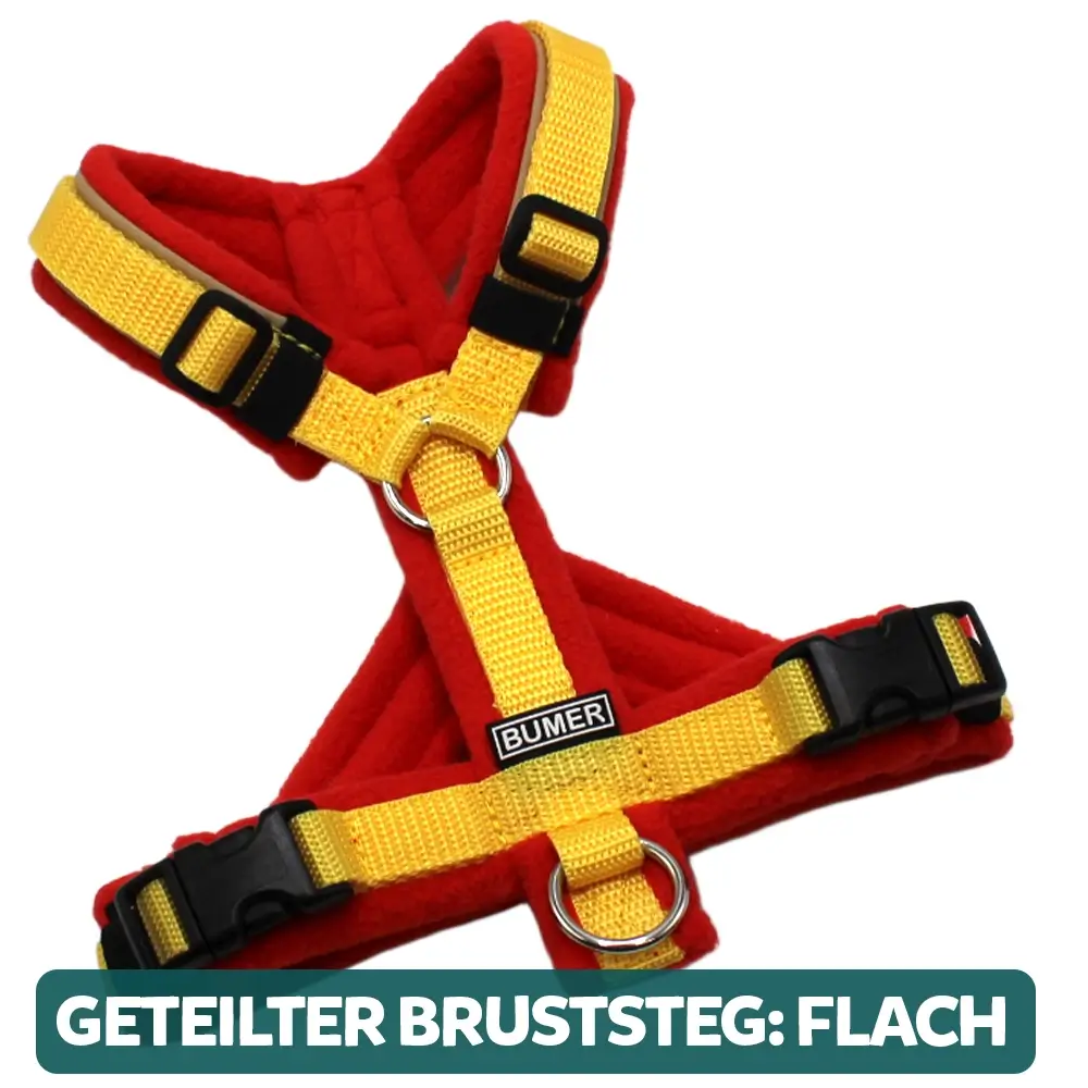 BUMER Hundegeschirr, gepolstert, Größe XXS / XS, Gurtband Mais, Fleece Burnt Umber, Ringe silberfarbig (Edelstahl), Schnallen schwarz (DURAFLEX®), Paspel Sandgreige, Gummi Schwarz