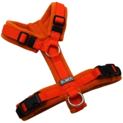 BUMER Hundegeschirr, gepolstert, Größe XXS/XS, Gurtband Orange (Standard PLUS), Fleece Honey Bronze, Ringe silberfarbig (Edelstahl), Schnallen schwarz (DURAFLEX®)