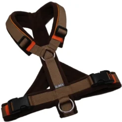 BUMER Hundegeschirr, gepolstert, Größe XXS/XS, Gurtband PREMIUM Caramel Rust, Fleece Woodland Bark, Ringe silberfarbig (Edelstahl), Schnallen schwarz (DURAFLEX®), Paspel Zimtorange, Gummi, Sundash