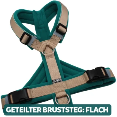 BUMER Hundegeschirr, gepolstert, Größe M/L, Gurtband: PREMIUM Soft Beige, Fleece: Deep Sea, Ringe: silberfarbig (Edelstahl), Schnallen: schwarz (DURAFLEX®), Paspel: Jadenluft, Gummi: Sagecloud