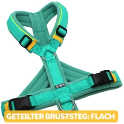 BUMER Hundegeschirr, gepolstert, Größe XXS / XS, Gurtband PREMIUM X Minze, Fleece Jade Mist, Ringe silberfarbig (Edelstahl), Schnallen schwarz (DURAFLEX®), Paspel Neongelb, Gummi Suncast