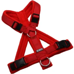 BUMER Hundegeschirr, gepolstert mit geteiltem Bruststeg, Größe XS/S, Gurtband PREMIUM Flammenrot, Fleece Burnt Umber, Ringe silberfarbig (Edelstahl), Schnallen schwarz (DURAFLEX®)