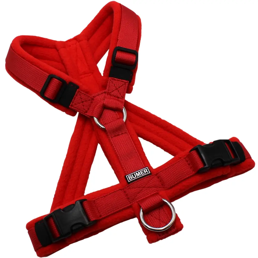 BUMER Hundegeschirr, gepolstert mit geteiltem Bruststeg, Größe XS/S, Gurtband PREMIUM Flammenrot, Fleece Burnt Umber, Ringe silberfarbig (Edelstahl), Schnallen schwarz (DURAFLEX®)
