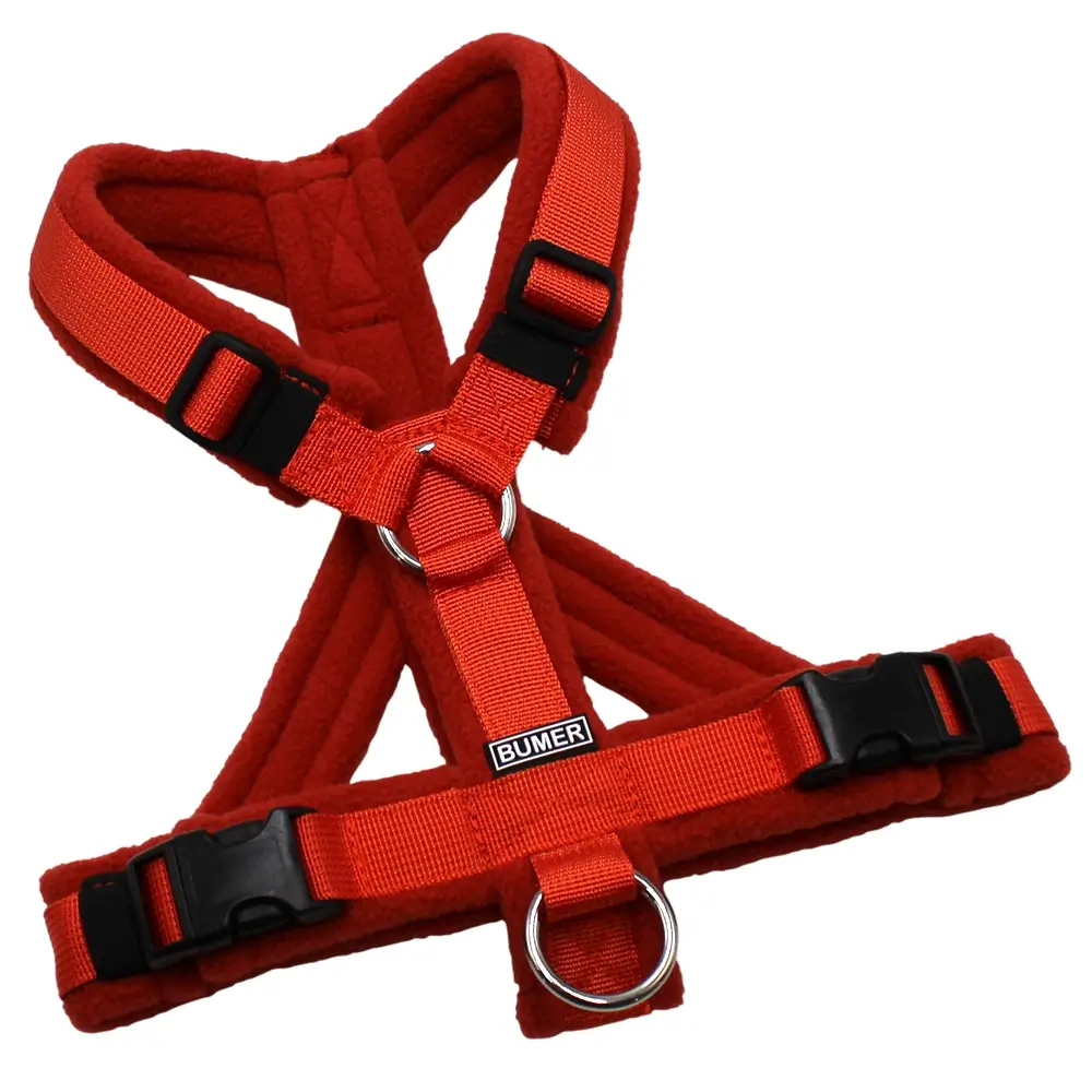 BUMER Hundegeschirr, gepolstert mit geteiltem Bruststeg, Größe XS/S, Gurtband PREMIUM Scarlett Essence, Fleece Terracotta, Ringe silberfarbig (Edelstahl), Schnallen schwarz (DURAFLEX®)