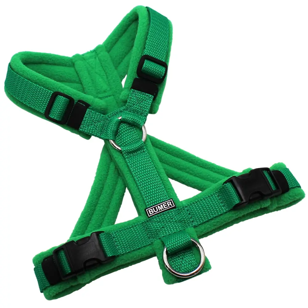 BUMER Hundegeschirr, gepolstert mit geteiltem Bruststeg, Größe XS/S, Gurtband PREMIUM X Fern Fantasy, Fleece Pine Oasis, Ringe silberfarbig (Edelstahl), Schnallen schwarz (DURAFLEX®)
