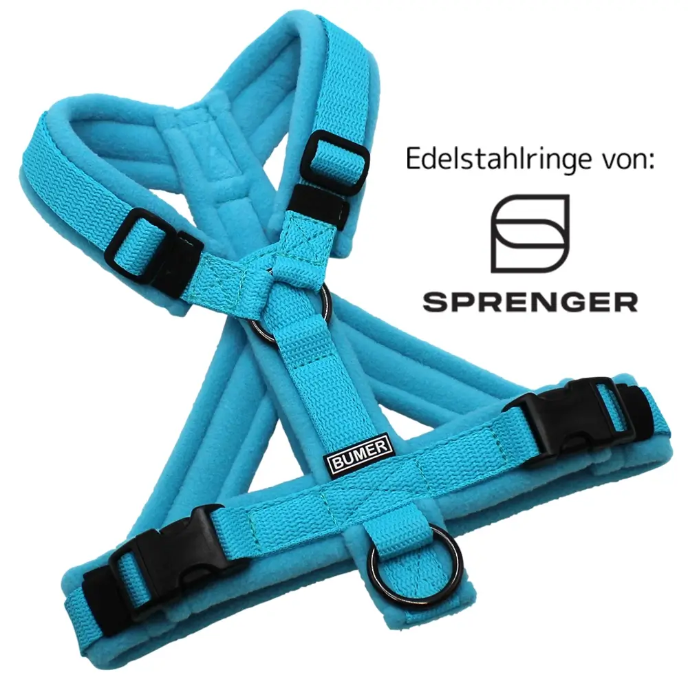 BUMER Hundegeschirr, gepolstert mit geteiltem Bruststeg, Größe XS/S, Gurtband PREMIUM X Glacier Breeze, Fleece Clearwaterblue, Ringe schwarz (Edelstahl), Schnallen schwarz (DURAFLEX®)