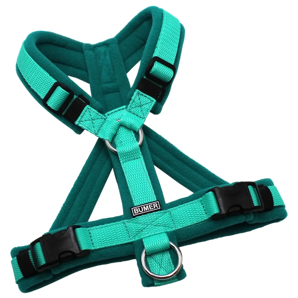 BUMER Hundegeschirr, gepolstert mit geteiltem Bruststeg, Größe XS/S, Gurtband PREMIUM X Minze, Fleece Deep Sea, Ringe silberfarbig (Edelstahl), Schnallen schwarz (DURAFLEX®)
