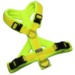 BUMER Hundegeschirr, gepolstert mit geteiltem Bruststeg, Gr&ouml;&szlig;e XS/S, Gurtband PREMIUM X Zitrinzauber, Fleece Neongelb, Ringe silberfarbig (Edelstahl), Schnallen schwarz (DURAFLEX&reg;)