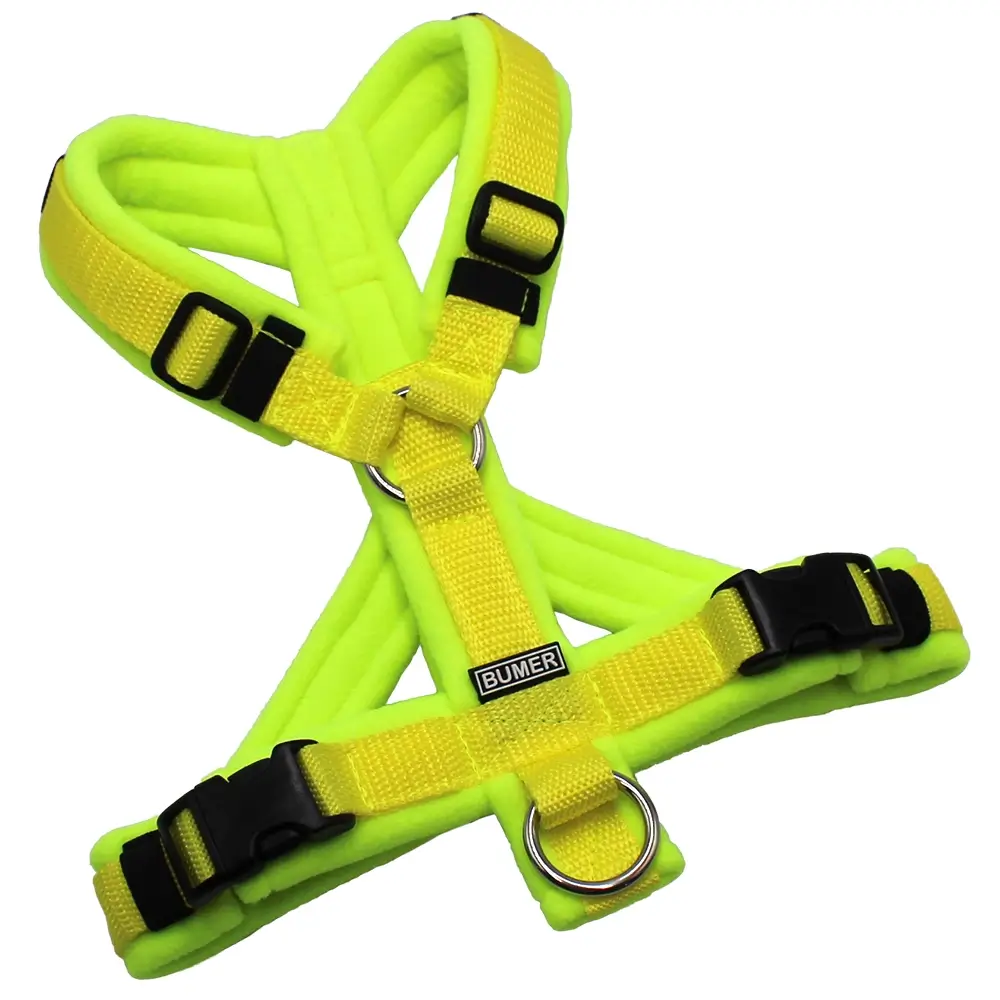 BUMER Hundegeschirr, gepolstert mit geteiltem Bruststeg, Größe XS/S, Gurtband PREMIUM X Zitrinzauber, Fleece Neongelb, Ringe silberfarbig (Edelstahl), Schnallen schwarz (DURAFLEX®)
