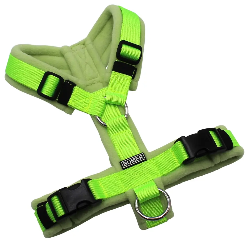 BUMER Hundegeschirr, gepolstert ohne geteiltem Bruststeg, Größe XS, Gurtband PREMIUM Neonlime, Fleece Pastel Fern, Ringe silberfarbig (Edelstahl), Schnallen schwarz (DURAFLEX®)