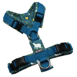 BUMER Hundegeschirr, gepolstert ohne geteiltem Bruststeg, Größe XS, Gurtband Petrol, Softshell Mondbär, Ringe silberfarbig (Edelstahl), Schnallen schwarz (DURAFLEX®), Applikation