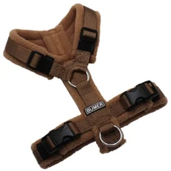 BUMER Hundegeschirr, gepolstert ohne geteiltem Bruststeg, Größe XXS, Gurtband PREMIUM Caramel Rust, Fleece Warm Taupe, Ringe silberfarbig (Edelstahl), Schnallen schwarz (DURAFLEX®)