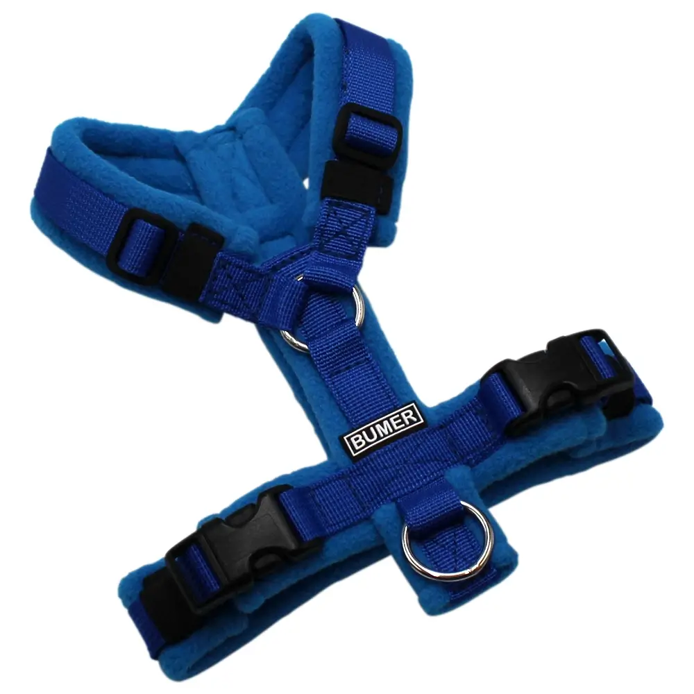 BUMER Hundegeschirr, gepolstert ohne geteiltem Bruststeg, Größe XXS, Gurtband PREMIUM Royal Saphire, Fleece Twilight Marina, Ringe silberfarbig (Edelstahl), Schnallen schwarz (DURAFLEX®)