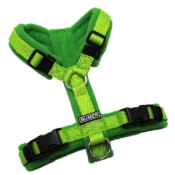 BUMER Hundegeschirr, gepolstert ohne geteiltem Bruststeg, Größe XXS, Gurtband PREMIUM X Kiwi Kiss, Fleece Fresh Bazil, Ringe silberfarbig (Edelstahl), Schnallen schwarz (DURAFLEX®)
