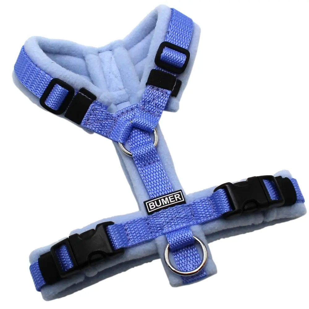 BUMER Hundegeschirr, gepolstert ohne geteiltem Bruststeg, Größe XXS, Gurtband PREMIUM X Light Blue, Fleece Harbour Fog, Ringe silberfarbig (Edelstahl), Schnallen schwarz (DURAFLEX®)