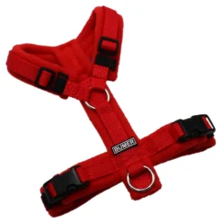 BUMER Hundegeschirr, gepolstert ohne geteiltem Bruststeg, Größe XXS / XS, Gurtband PREMIUM X Feuerrot, Fleece Burnt Umber, Ringe silberfarbig (Edelstahl), Schnallen schwarz (DURAFLEX®)