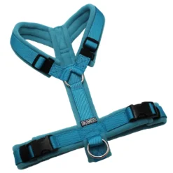 BUMER Hundegeschirr, gepolstert ohne geteilten Bruststeg, Größe S, Gurtband PREMIUM Blue Lagoon, Fleece Grey Blue Wave, Ringe silberfarbig (Edelstahl), Schnallen schwarz (DURAFLEX®)