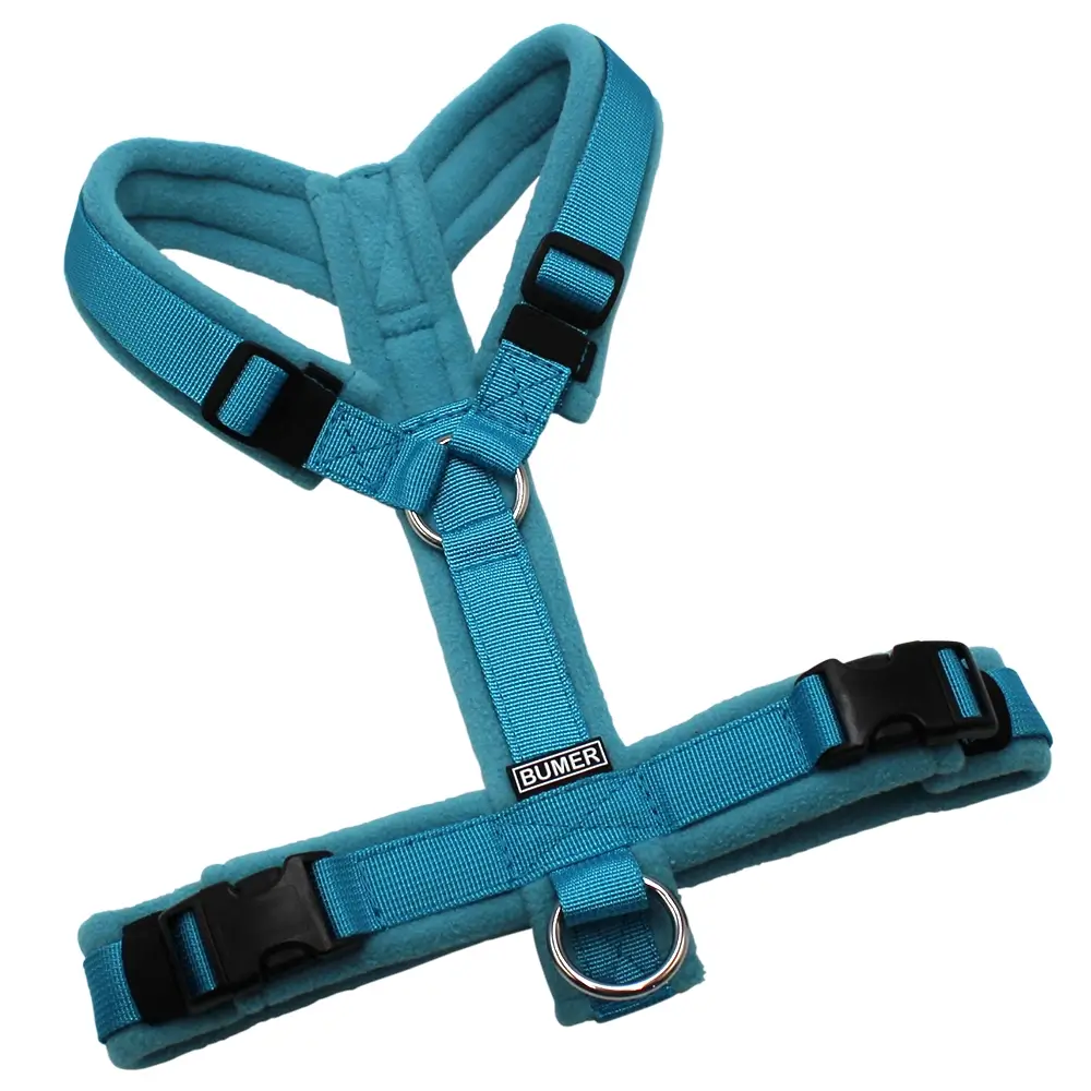 BUMER Hundegeschirr, gepolstert ohne geteilten Bruststeg, Größe S, Gurtband PREMIUM Blue Lagoon, Fleece Grey Blue Wave, Ringe silberfarbig (Edelstahl), Schnallen schwarz (DURAFLEX®)