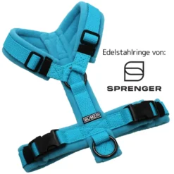 BUMER Hundegeschirr, gepolstert ohne geteilten Bruststeg, Größe XS, Gurtband PREMIUM X Glacier Breeze, Fleece Clearwaterblue, Ringe schwarz (Edelstahl), Schnallen schwarz (DURAFLEX®)