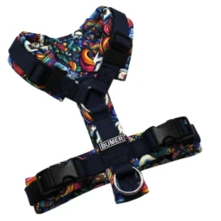 BUMER Hundegeschirr, gepolstert ohne geteilten Bruststeg, Größe XXS, Gurtband PREMIUM Midnight Indigo, Softshell Einhorn #5, Ringe silberfarbig (Edelstahl), Schnallen schwarz (DURAFLEX®)
