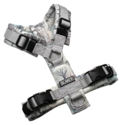 BUMER Hundegeschirr, gepolstert ohne geteilten Bruststeg, Größe XXS, Gurtband PREMIUM Muschelgrau, Softshell Frosthügel, Ringe silberfarbig (Edelstahl), Schnallen schwarz (DURAFLEX®), Applikation