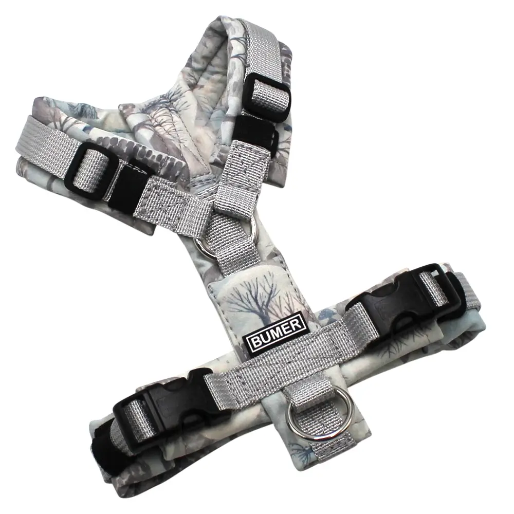 BUMER Hundegeschirr, gepolstert ohne geteilten Bruststeg, Größe XXS, Gurtband PREMIUM Muschelgrau, Softshell Frosthügel, Ringe silberfarbig (Edelstahl), Schnallen schwarz (DURAFLEX®), Applikation