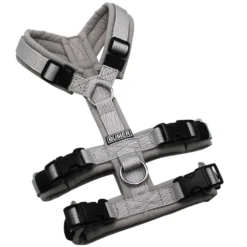 BUMER Sicherheitsgeschirr, gepolstert, Größe XXS, Gurtband PREMIUM Muschelgrau, Softshell Hellgrau, Ringe silberfarbig (Edelstahl), Schnallen schwarz (DURAFLEX®)