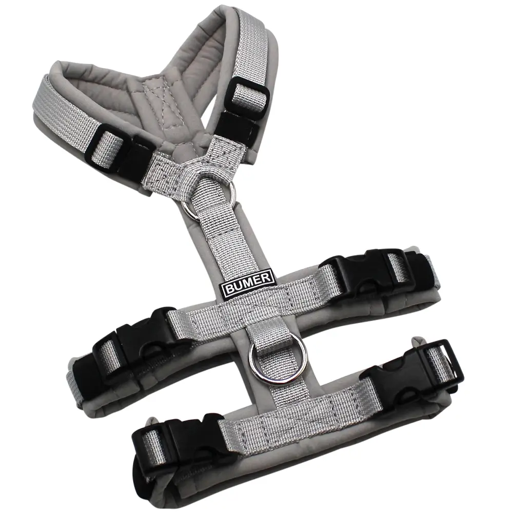 BUMER Sicherheitsgeschirr, gepolstert, Größe XXS, Gurtband PREMIUM Muschelgrau, Softshell Hellgrau, Ringe silberfarbig (Edelstahl), Schnallen schwarz (DURAFLEX®)