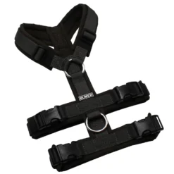 BUMER Sicherheitsgeschirr, gepolstert ohne geteiltem Bruststeg, Größe XXS, Gurtband PREMIUM Camouflage Green, Softshell Ebenholzbraun, Ringe silberfarbig (Edelstahl), Schnallen schwarz (DURAFLEX®)