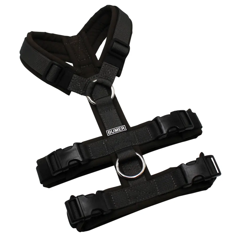 BUMER Sicherheitsgeschirr, gepolstert ohne geteiltem Bruststeg, Größe XXS, Gurtband PREMIUM Camouflage Green, Softshell Ebenholzbraun, Ringe silberfarbig (Edelstahl), Schnallen schwarz (DURAFLEX®)